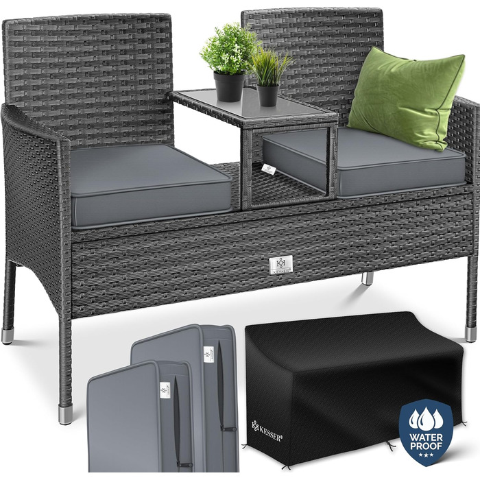 Садовий диван KESSER® з ротангу на 2 особи з вбудованим столиком, 143×63×88 см - стійкий до погодних умов, комплект з подушками та чохлами, антрацит