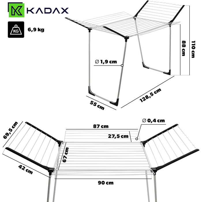 KADAX Сушарка для білизни з розкладними крилами, велика, підлогова, метал, з порошковим покриттям, для довгої білизни, 2 крила