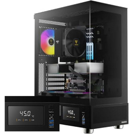 Корпус для ПК GAMDIAS Atlas E1 ATX Mid Tower з реальним монітором, 3 встановленими 120 мм ARGB вентиляторами, загартованим склом, високою вентиляцією, бічними отворами, чорний