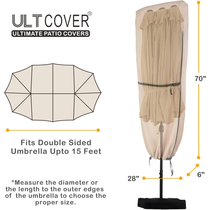 Чохол для парасольки террасної ULTCOVER 600D водонепроникний до 365 см (подвійна парасолька, коричневий)