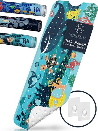 Дитячий килимок для ванни Homerella, антиковзкий, 100% BPA-free, 100x40 см, з 2 гачками, туркус Ocean Friends, для чутливої шкіри, протигрибковий, для малюків, миється