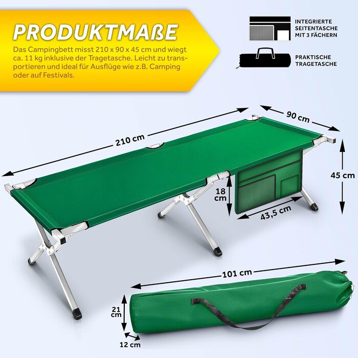 Розкладне кемпінгове ліжко TRESKO XXL металеве, посилене (до 150 кг), 210 x 90 x 42 см, зелене