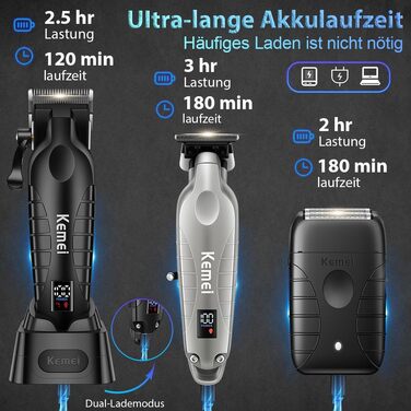 KEMEI Машинка для стрижки волосся 3в1, професійна, акумуляторна, тример для бороди та бритва, LED-дисплей, 8000 об/хв, USB зарядка (срібло)