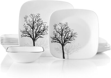 Набір посуду Corelle Timber Shadows 18 предметів, чорний і білий, для 6 персон, ударостійкий – квадратні тарілки 26 см, 17 см і миски 530 мл