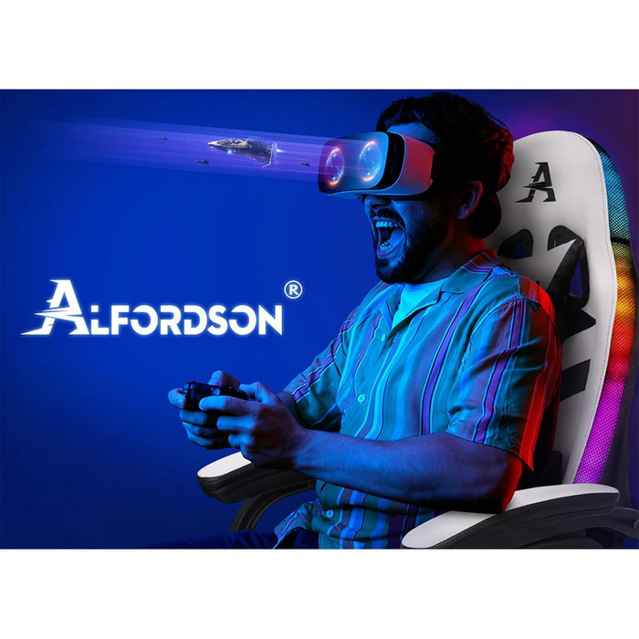 Ігрове крісло ALFORDSON з LED RGB підсвіткою, масажем, підставкою для ніг, ергономічне, біле