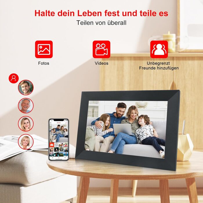 Frameo Цифровий фоторамка 10,1 дюймів Wi-Fi, FHD IPS сенсорний екран, Smart фоторамка з 16GB, автоматичне обертання, обмін фото та відео, можливе кріплення на стіну