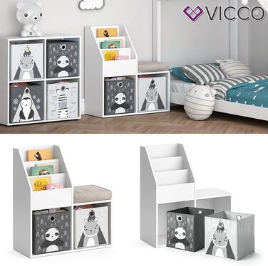 Дитяча книжкова полиця Vicco Luigi, біла, 72x79 см, з 2 текстильними коробками Panda/Tiger