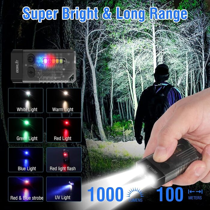 Ліхтарик BORUIT V10 LED, 1000 лм, міні, на ключі, з УФ 365нм, магнітом, 14 режимів, IPX4, водонепроникний, чорний, акумуляторний