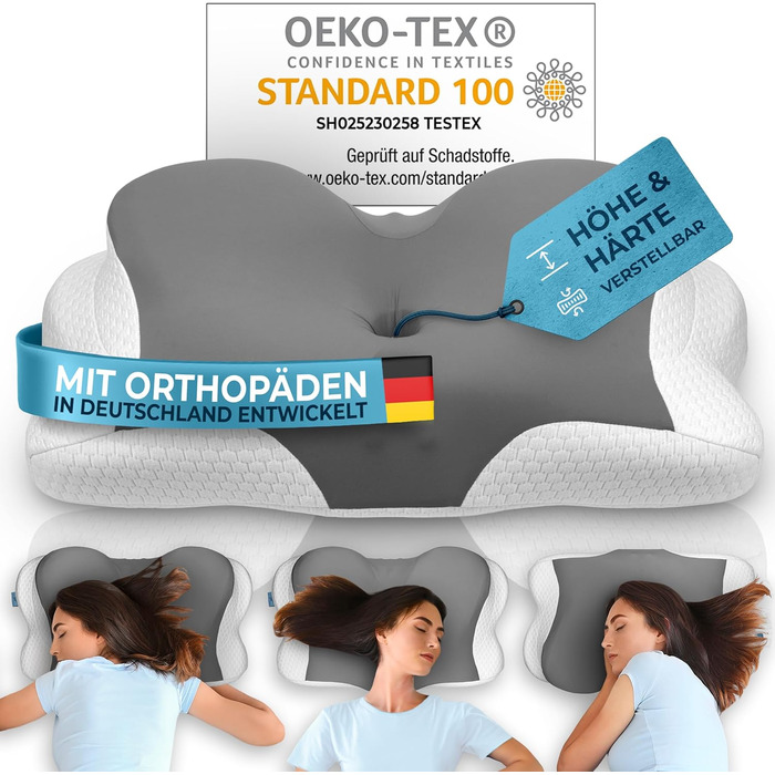 Ортопедична подушка Glückstoff для шиї та голови з піни Memory Foam, ергономічна, для сну на боці, проти болю в шиї, сіра