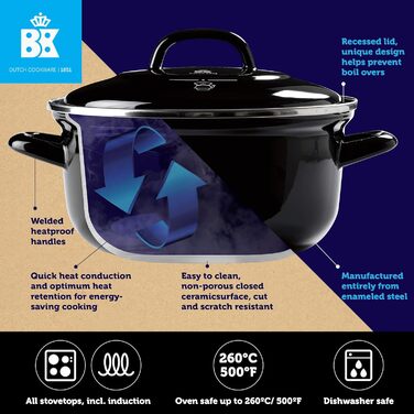 BK Indigo Каструля емальована з кришкою, 20 см, 2,5 л, керамічне антипригарне покриття без PFAS, для індукції, духовки та посудомийної машини, чорна