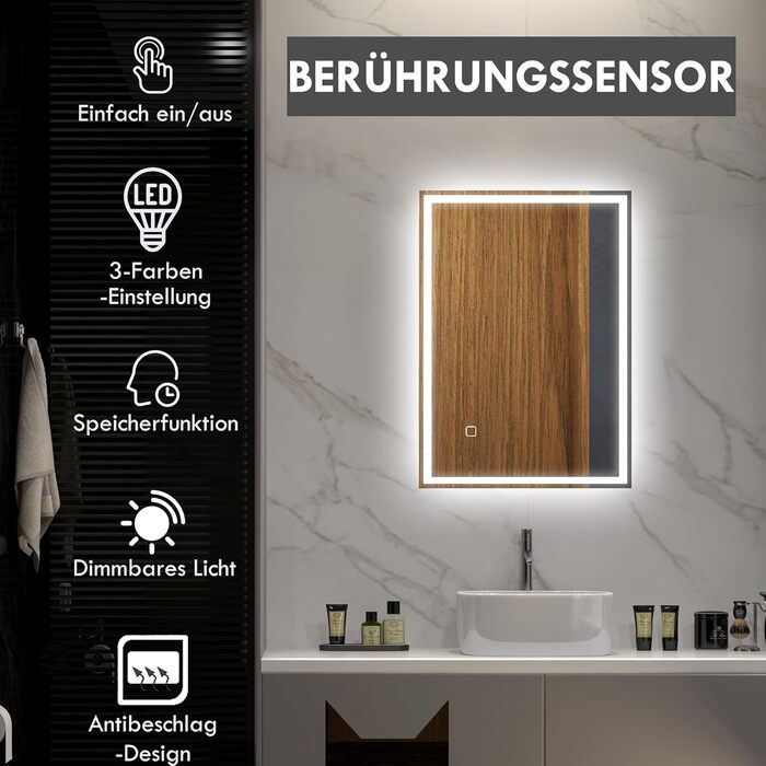 Дзеркало для ванної кімнати HOMCOM з підсвічуванням 70 x 50 см, LED, сенсорне управління, функція пам'яті, 3 кольори світла, антизапарник, срібне