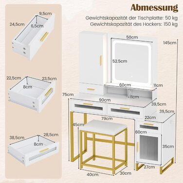 Туалетний столик COSTWAY з LED-підсвіткою, дзеркалом, зарядною станцією, шафкою для прикрас, табуретом, шухлядами, відкритими полицями та тримачем для фену, косметичний стіл, білий