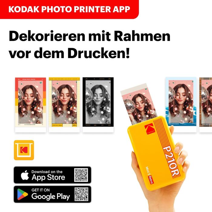 KODAK P210 Mini 2 Retro: Портативний кольоровий фотопринтер, сумісний зі смартфонами (iOS & Android), Bluetooth, 54x86 мм, технологія 4Pass, ламінування, 38 аркушів, білий 54 x 86 мм