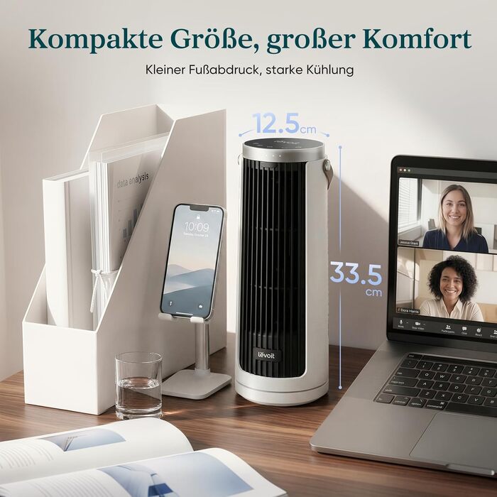 Вентилятор вежовий Levoit Kompakt DC: тихий, 7 м/с, з пультом, таймером, 90° осциляція, 33 см, білий