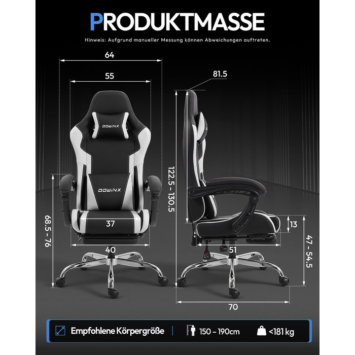 Ігрове крісло Dowinx Ergonomic Gaming Chair з підставкою для ніг, біле, витримує до 150 кг, з регульованими підлокітниками для ПК та офісу