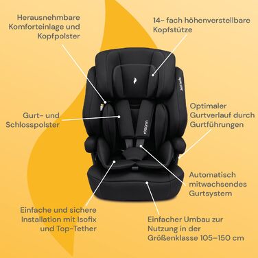 Дитяче автокрісло Osann Jazzi Isofix, з 1 року, i-Size, регульоване, чорне, для зросту 76-150 см