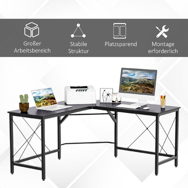 Комп'ютерний стіл HOMCOM L-подібний кутовий стіл 150x150x76см МДФ чорний, сучасний кутовий стіл для офісу та домашнього офісу