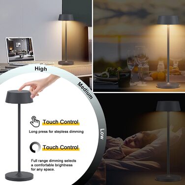 Klighten Диммовані LED акумуляторні настільні лампи, 2 шт, алюмінієві, сенсорне керування, IP54, для спальні та ресторану, тепле світло 3000K, антрацит, USB зарядка