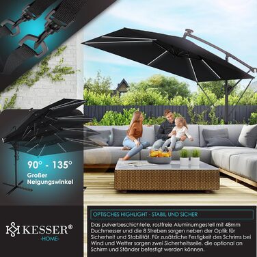 Парасолька для саду KESSER Holly з LED-підсвіткою, прямокутна, сонячна батарея, чорна, алюмінієва, водовідштовхувальна, з чохлом і фіксацією, діаметр 350 см, UV-захист, з ручкою-кривошипом і стійкою