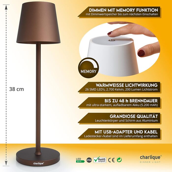 LED-лампа настільна бездротова (2 шт) - світло для вечері біле 38 см - преміум акумуляторна лампа з USB, тепле світло, для дому та вулиці. Білий (коричневий, 1 шт)