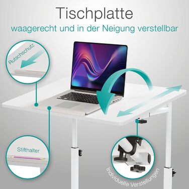 maxVitalis мобільний комп'ютерний стіл на колесах, регульований по висоті, з нахилом стільниці, багатофункціональний приставний стіл для ноутбука, ліжка, дивана, колір білий