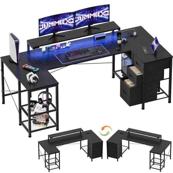 Ігровий кутовий стіл JUMMICO L-подібний 170x95 см з LED підсвіткою, регульованою підставкою під монітор, 3 шухляди, 2 розетки, 2 USB, сталевий каркас та стільниця з дерева (Чорний)