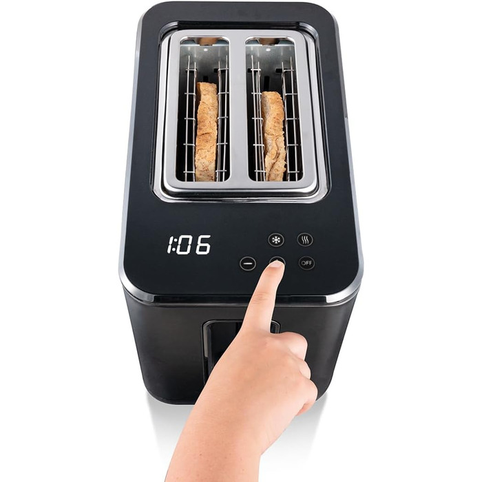 Тостер Cloer 3930 цифровий, 2 скибки, сенсорне керування, 750-900 Вт, таймер, функція розморожування та підігріву, насадка для булочок, 7 ступенів підсмаження, чорний