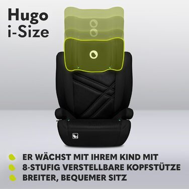 Автокрісло Lionelo Hugo i-Size R129 Група 2/3 (100–150 см) – ISOFIX, регульована підголовник з Memory Foam, бічний захист, комфортні підлокітники, чорний карбон