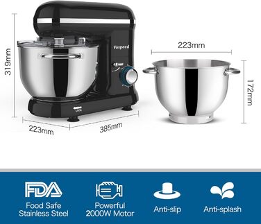 Електричний кухонний міксер Vospeed 1500W з 6 швидкостями та мискою 6.2QT (чорний)
