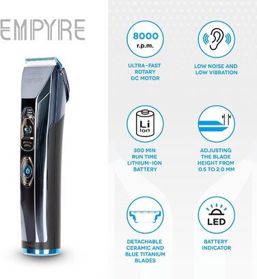 Професійна машинка для стрижки волосся GAMMA+ Empyre для чоловіків, 3-швидкісний ротаційний мотор, керамічне біле лезо, автономність 300 хв, бездротова, регульоване лезо, база для зарядки, 4 насадки-гребені