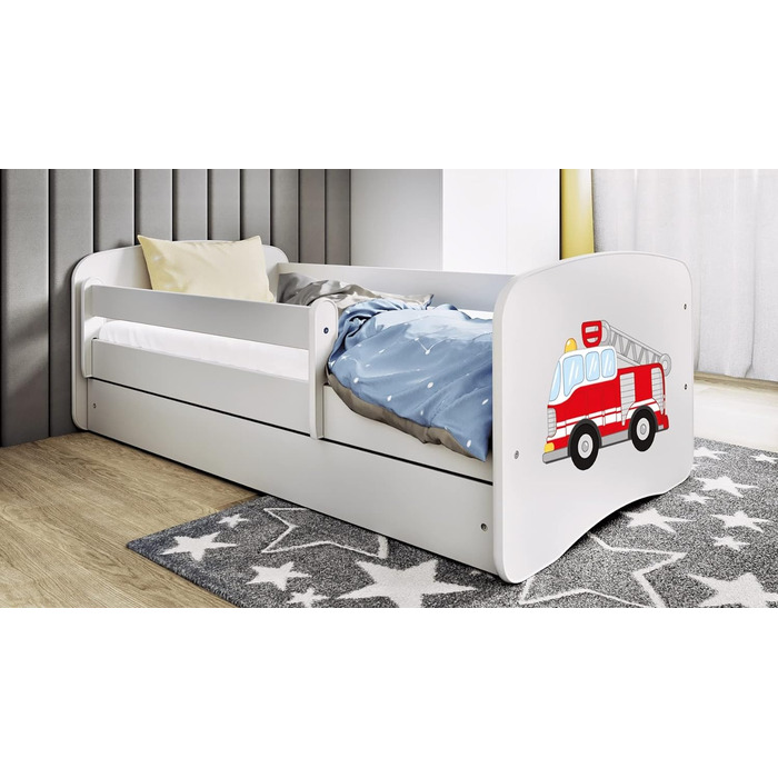Дитяче ліжко Kids Collective 160x80 см з бортиком, ламелями та ящиком, біле, для хлопчиків, пожежна машина