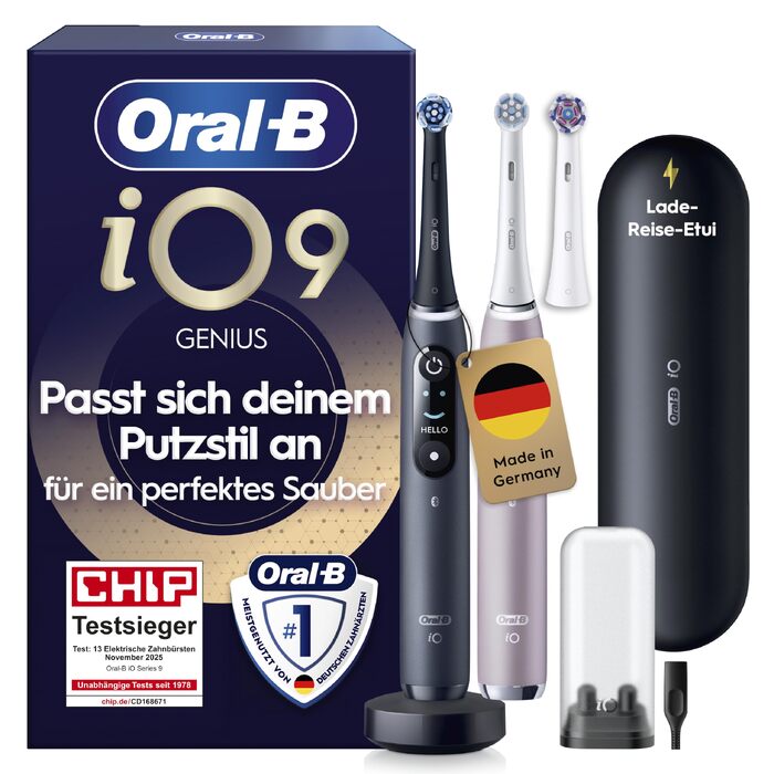 Електрична зубна щітка Oral-B iO Series 9, набір з 2 шт (Black Onyx та Rose Quartz), 3 смінні насадки та чорний дорожній футляр