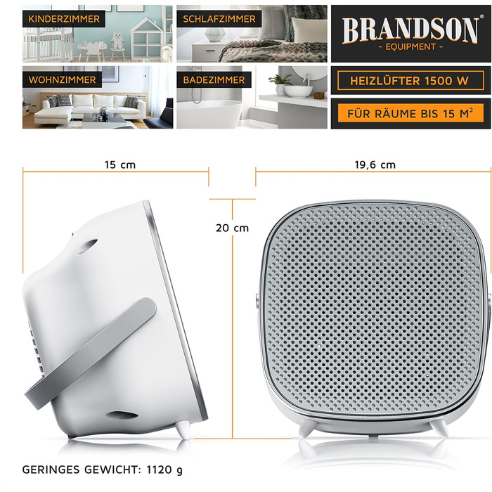 Керамічний обігрівач Brandson 1000/1500 Вт для ванної, енергоощадний, тихий, швидкий обігрів, 2 режими, термостат, захист від перегріву