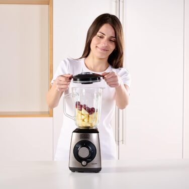 Стаціонарний блендер BLACK+DECKER, 1000 Вт, 1,5 л, імпульсний режим, пластикова чаша, 4-лезове розбірне лезо з нержавіючої сталі, легке очищення, сірий