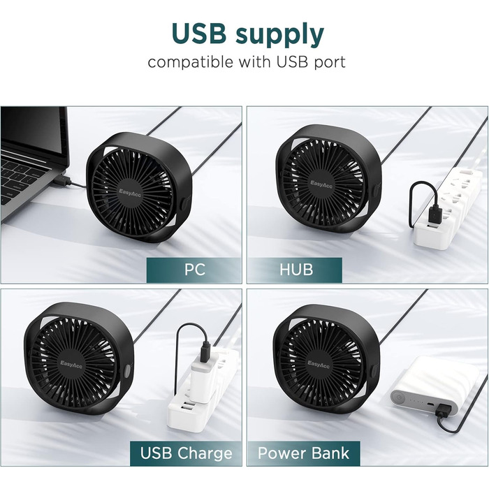 Вентилятор USB EasyAcc міні портативний для столу з регулюванням швидкості та поворотом на 360° - чорний