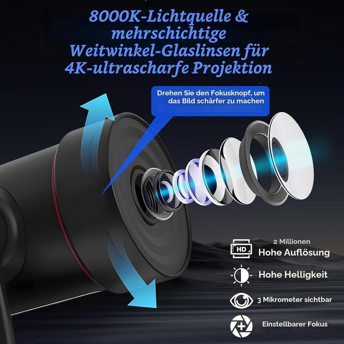 Проектор-планетарій QKTYB: 4K HD проектор зоряного неба та галактики, нічник з 360° обертанням та таймером для дітей та дорослих, чорний