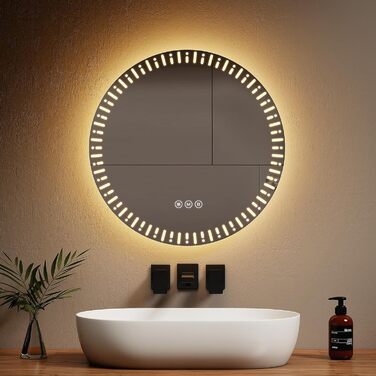 Круглий дзеркало для ванної кімнати EMKE з LED-підсвічуванням, діаметр 60 см, з антизапарюванням + сенсорний вимикач + 3 кольори світла, сучасний дизайн