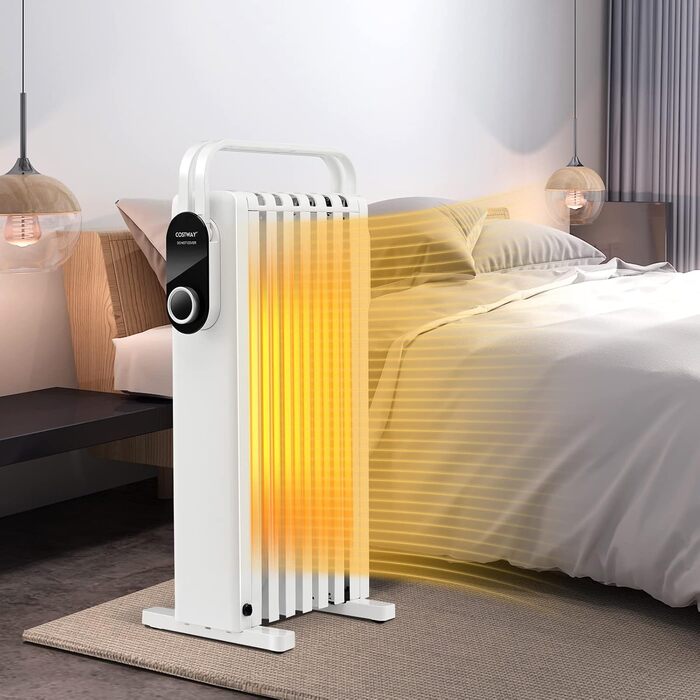 Електричний масляний радіатор COSTWAY 1500W, 7 секцій, регулювання температури 5-35℃, 3 режими потужності, мобільний обігрівач з колесами та захистом від перегріву, Білий