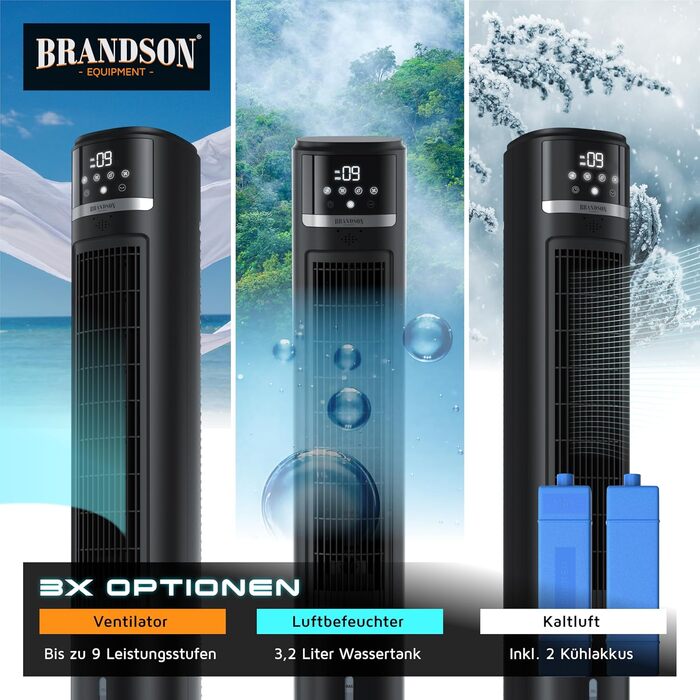 Brandson Мобільний повітряний охолоджувач з водяним охолодженням ECO Design DC мотор, тихий, енергозбереження 60%, Tower Fan з іонізацією