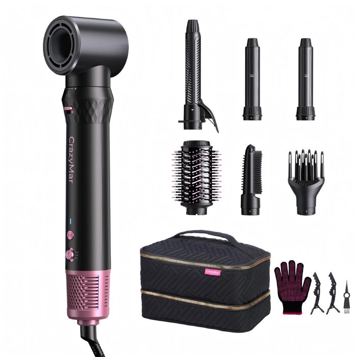 CrazyMar Airstyler 7-в-1: Фен-щітка з іонізацією, автоматичний стайлер для волосся, випрямляч та плойка (чорний)