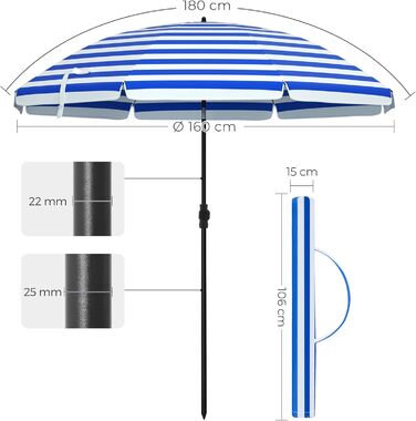 Пляжна парасоля SONGMICS 160 см, захист UPF 50+, регульована висота, кут нахилу 30°, з чохлом, для балкону, саду, пляжу, без підставки, синьо-біла смужка