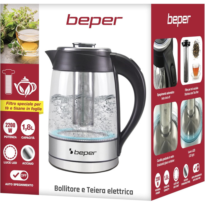 Електрочайник Beper BB.103, 1.8 л, чорний, скло