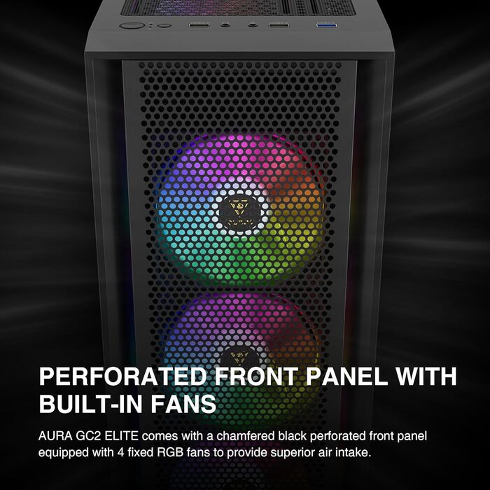 Ігровий корпус GAMDIAS AURA GC2 Elite ATX, мід-тауер, скло, 4x120 мм ARGB вентилятори, чорний, висока вентиляція
