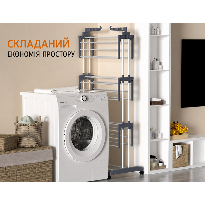 Сушарка для білизни HOMIDEC, стійка з нержавіючої сталі, 6 складаних та 2 обертових крила, на колесах, для дому та вулиці, сіра, XL, вежа для сушіння
