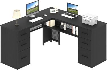 Кутовий комп'ютерний стіл HSH з шухлядами та полицями для дому та офісу, 150x150x76.2 см, чорний, метал та дерево