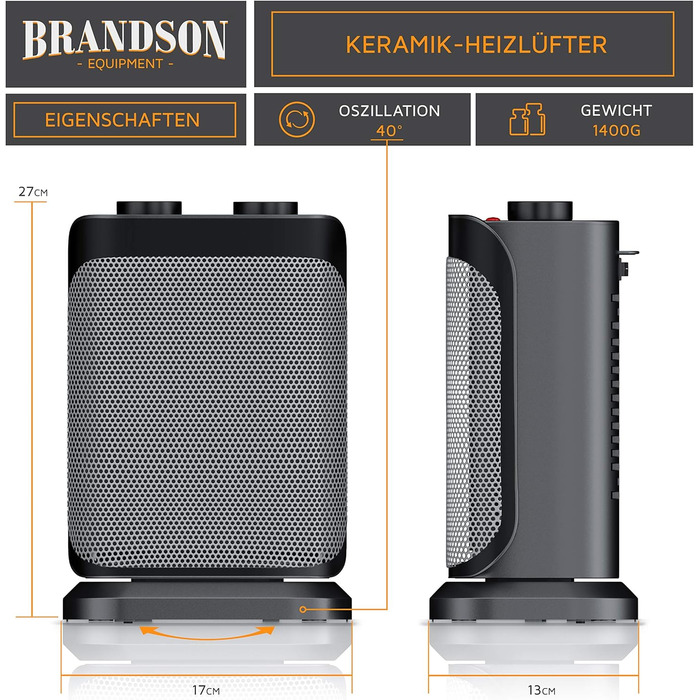 Керамічний обігрівач Brandson для ванної, енергозберігаючий, безшумний, з терморегулятором і термозахистом, 2 режими потужності