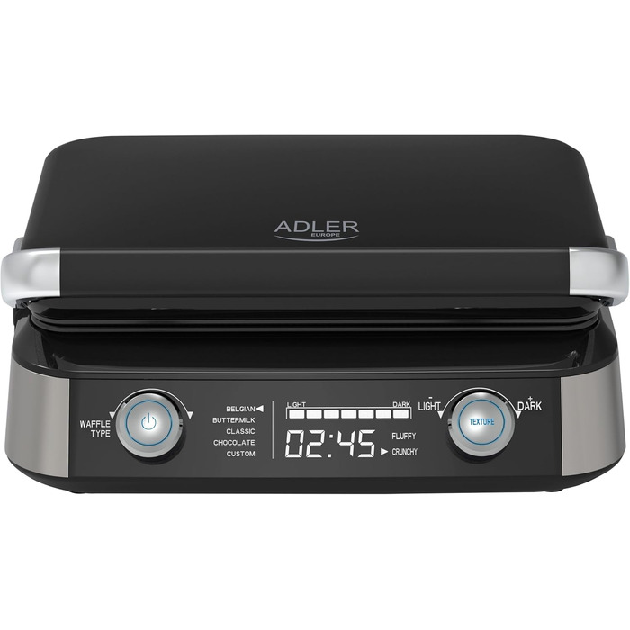 Професійна вафельниця ADLER EUROPE для бельгійських вафель з LCD-дисплеєм, 2400 Вт, 5 програм та 7 рівнів просмаження, глибокі пластини 12x13x2 см
