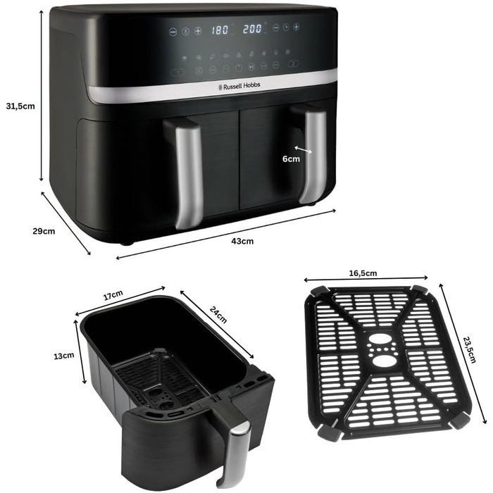Аерофритюрниця Russell Hobbs SatisFry 9 л, 2 камери, 9 програм, тиха, без олії, посудомийна, до 200°C, функція підтримки тепла