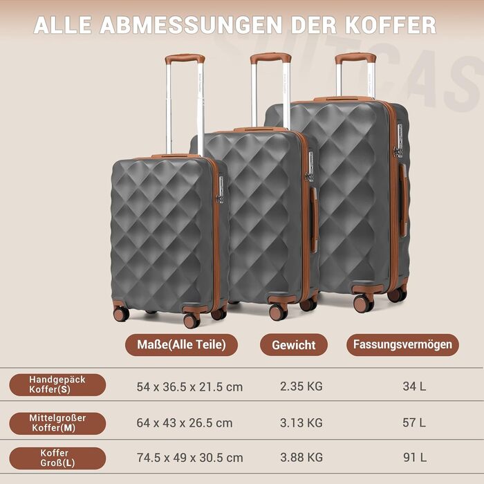 Набір валіз British Traveller з жорстким корпусом, 3 предмети, замок TSA (Сірий, 34л + 57л + велика валіза)