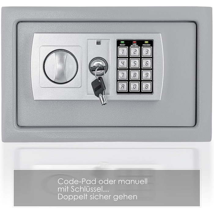 Електронний сейф KESSER 31x20x20 см, LED-дисплей, подвійний ригель, настінний та меблевий, кодовий замок, сріблястий, з підсвіткою та монтажним комплектом